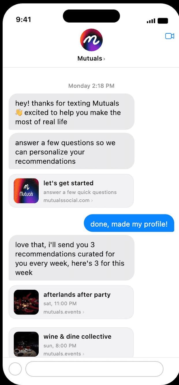 Mutuals iMessage event recommendations
